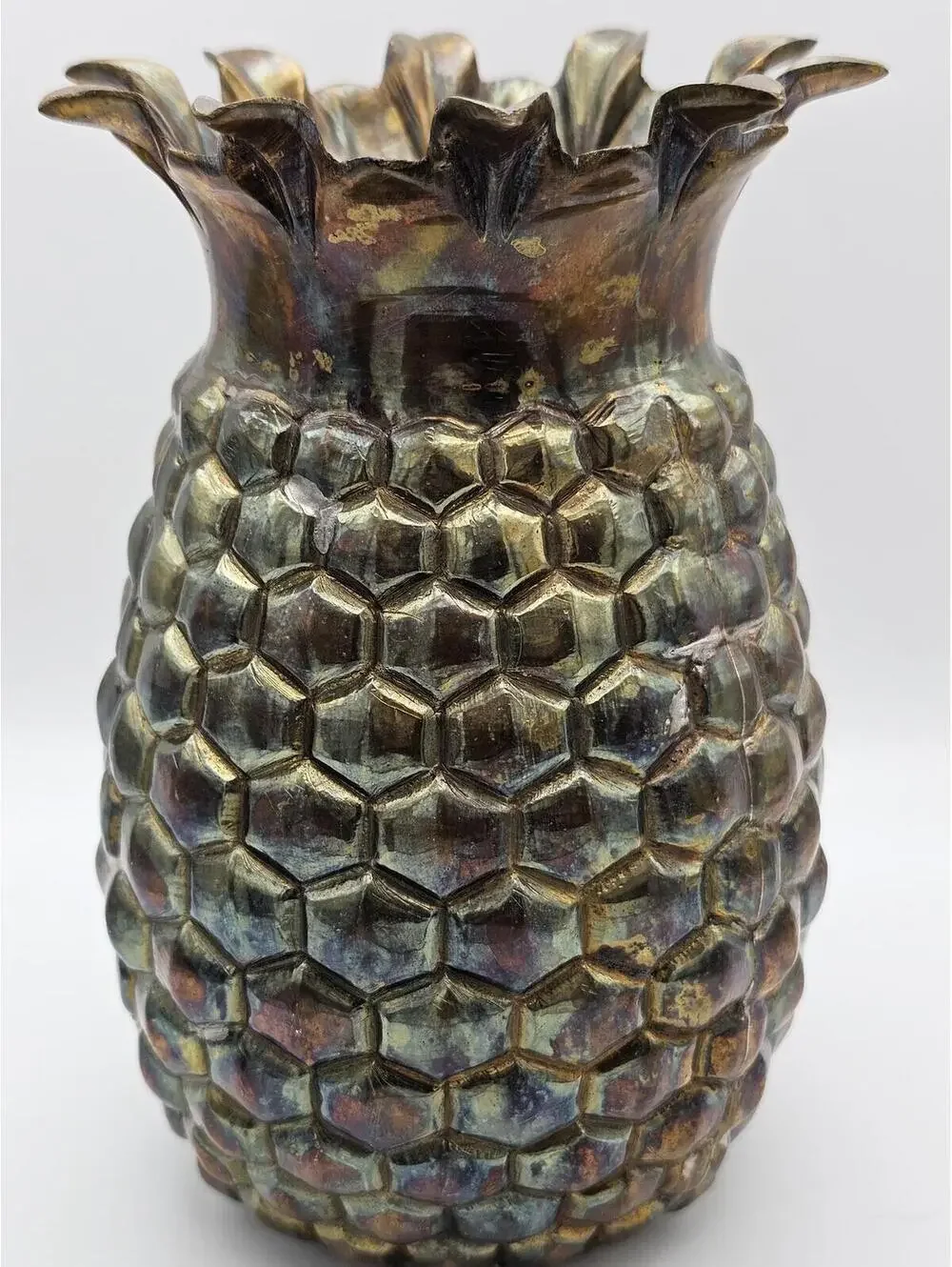 Vintage Iridescent Pineapple Vase Metallic Hollywood Regency Tiki Decor